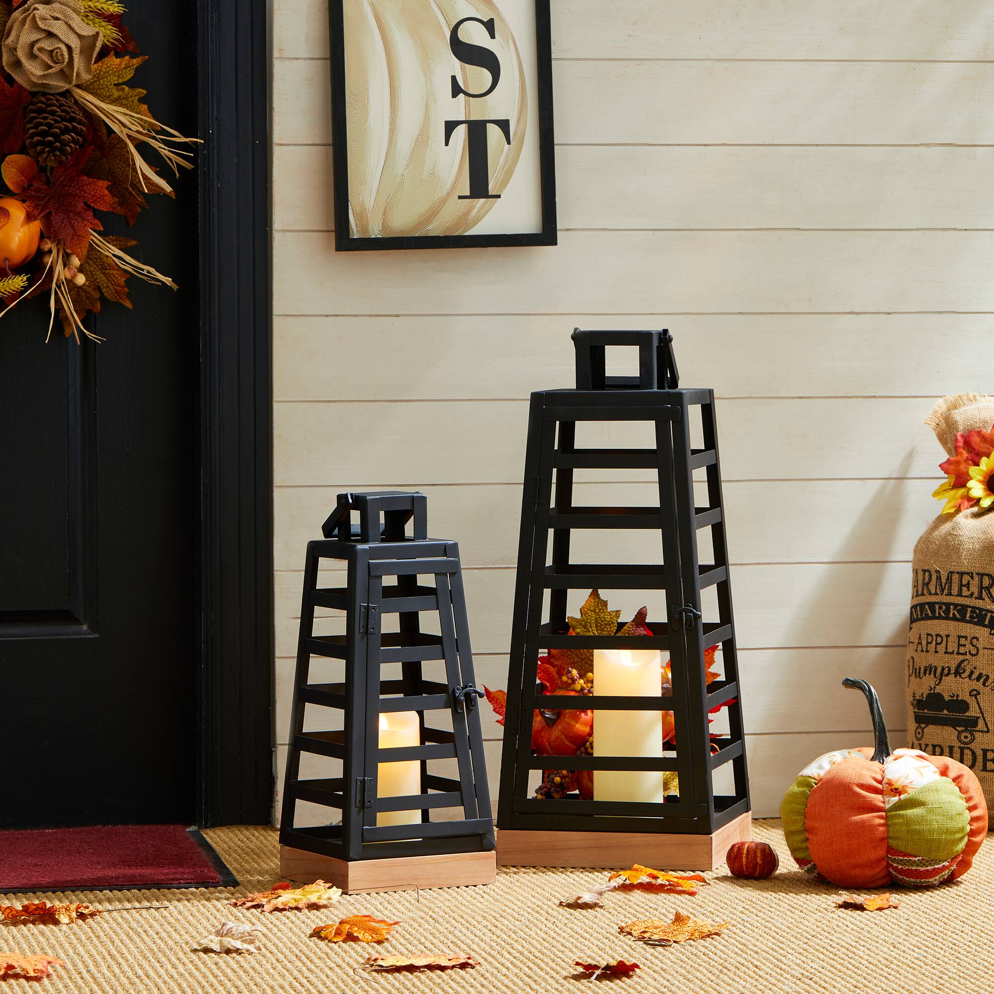 Glitzhome® Black Modern Trapezoid Metal & Wood Lanterns Set